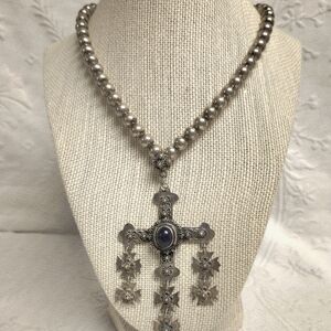 Vintage Mexico Taxco Yalalag Cross & Silver Bead Necklace